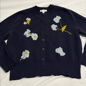 Navy Blue Cardigan with Floral Accents